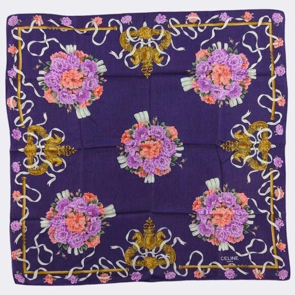 Celine Paris Women's Purple Vintage 90s Floral Print Designer Handkerchief scarf - Picture 1 of 7